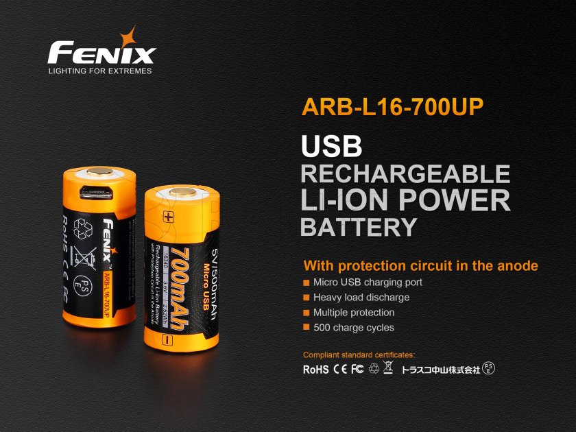 Fenix RCR123A/16340 (Li-ion) újratölthető USB akkumulátor