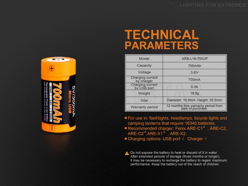 Fenix RCR123A/16340 (Li-ion) újratölthető USB akkumulátor