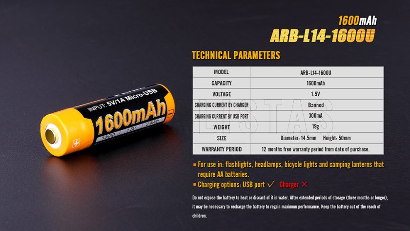 Dobíjecí USB AA elem Fenix ARB-L14-1600U
