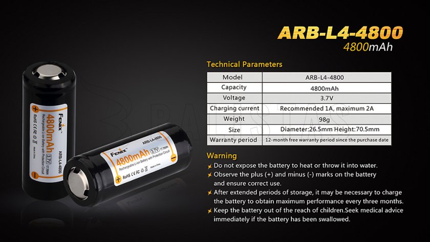 Újratölthető akkumulátor Fenix 26650 4800 mAh (Li-Ion)
