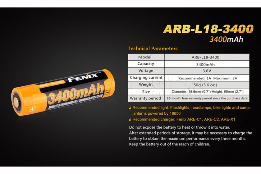 Újratölthető akkumulátor Fenix 18650 3400 mAh (Li-ion)