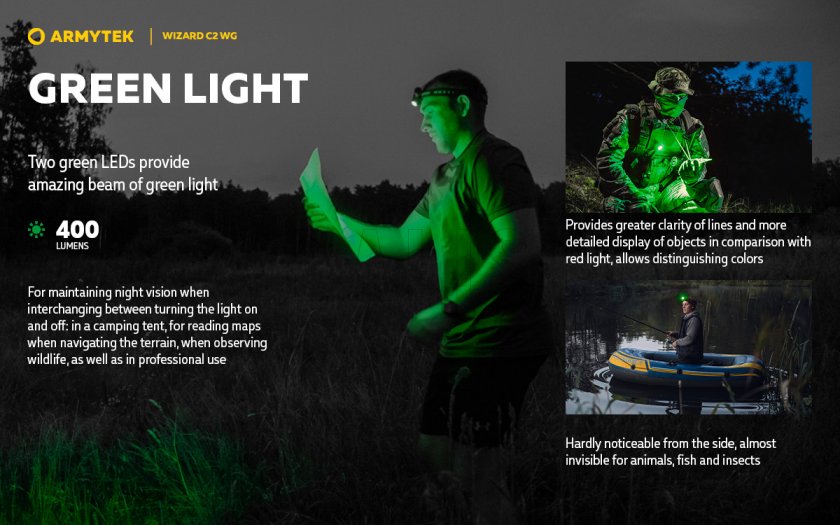 Armytek Wizard C2 WG fejlámpa hideg és zöld fénnyel