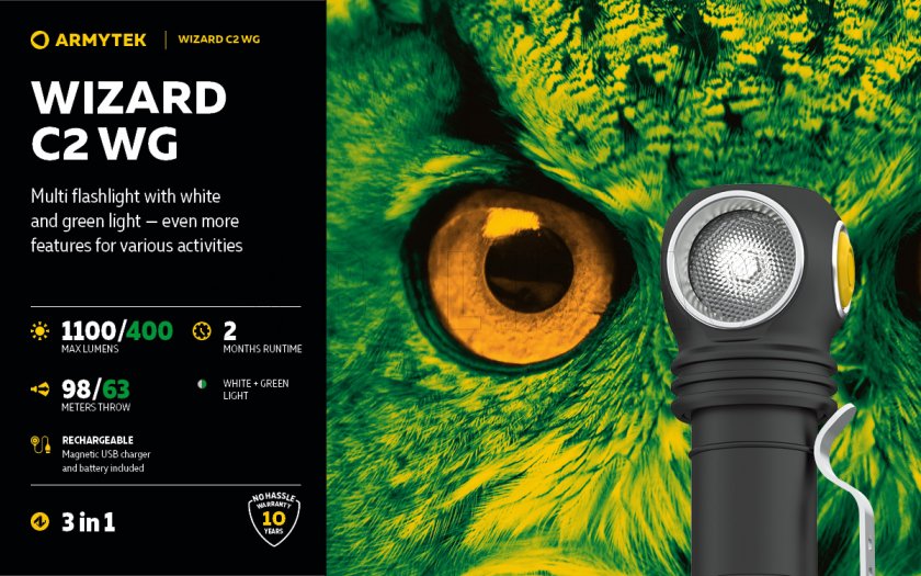 Armytek Wizard C2 WG fejlámpa hideg és zöld fénnyel
